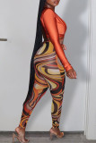 Tangerine Sexy Print Patchwork Frenulum V Neck Long Sleeve Two Pieces