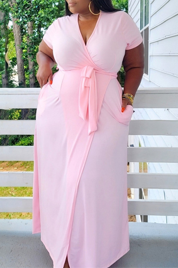 Pink Fashion Casual Plus Size Solid Bandage V Neck Short Sleeve Dress