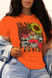 Orange Street Party Print Split Joint O Neck T-Shirts