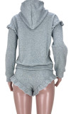 Grey Casual Street Solid Patchwork Fold Stringy Selvedge Hooded Collar Long Sleeve Two Pieces