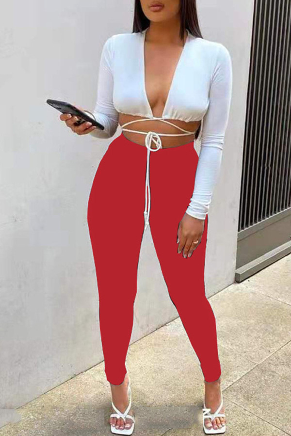 Watermelon Red Sexy Solid Patchwork Frenulum V Neck Long Sleeve Two Pieces