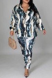 Blue Casual Print Split Joint Buckle Turndown Collar Plus Size Two Pieces