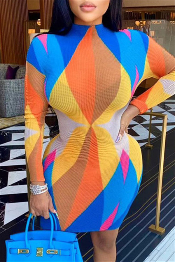 Yellow Sexy Casual Print Basic Half A Turtleneck Long Sleeve Dresses