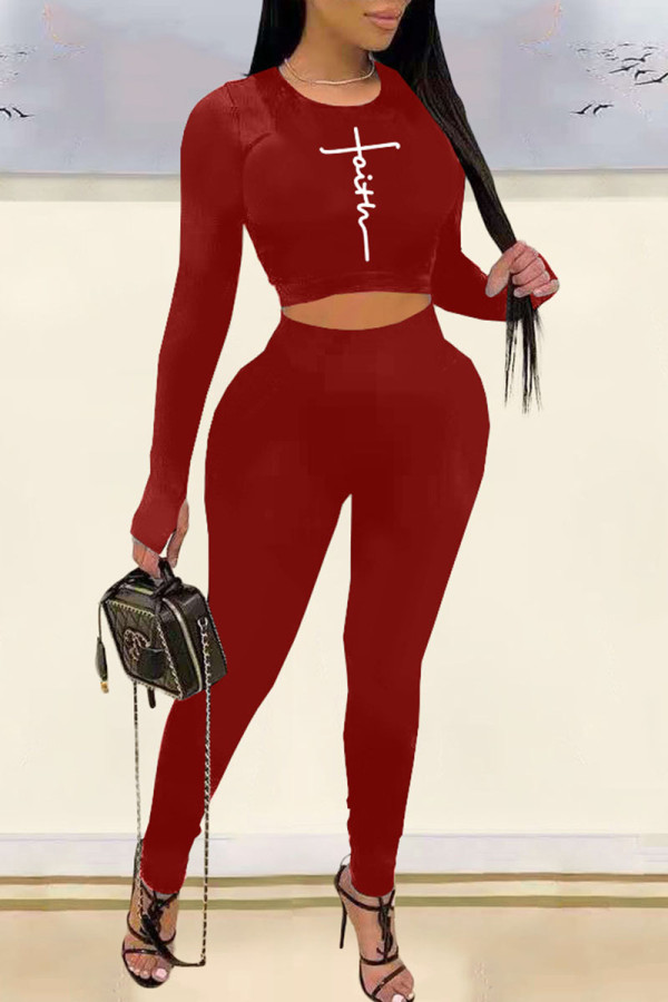 Deep Red Casual Print Patchwork O Neck Long Sleeve Two Pieces