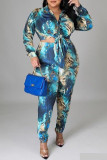 Blue Casual Print Split Joint Buckle Turndown Collar Plus Size Two Pieces
