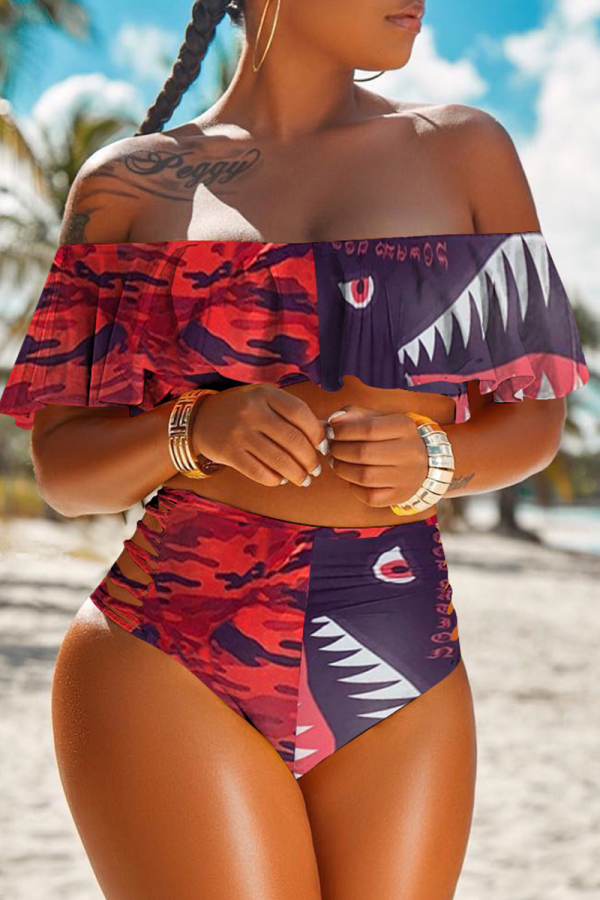 Burgundy Sexy Print Split Joint Flounce Swimwears