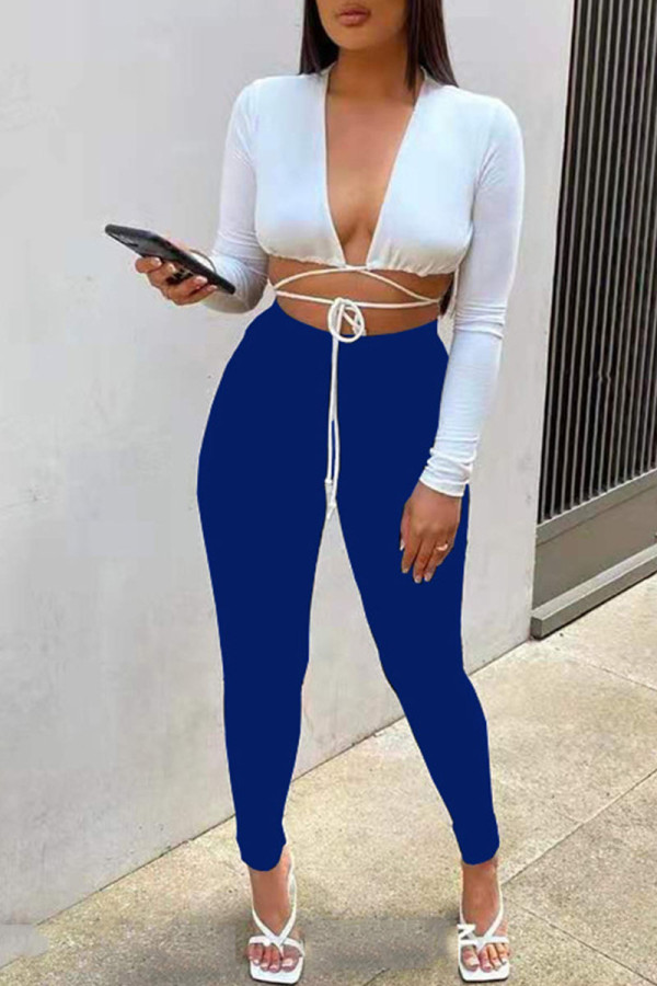Blue Sexy Solid Patchwork Frenulum V Neck Long Sleeve Two Pieces
