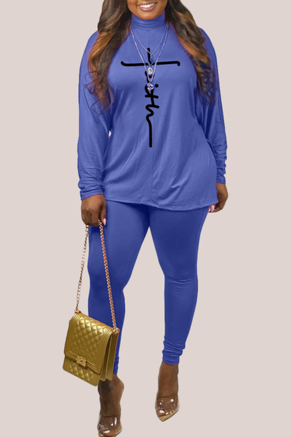 Blue Fashion Casual Print Basic Turtleneck Long Sleeve Two Pieces