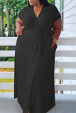 Black Fashion Casual Plus Size Solid Bandage V Neck Short Sleeve Dress