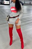 Light Gray Fashion Casual Lips Printed Basic Hooded Collar Long Sleeve Dresses