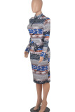 Blue Casual Print Patchwork With Belt Zipper Collar One Step Skirt Dresses