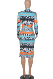 Blue Casual Print Patchwork With Belt Zipper Collar One Step Skirt Dresses