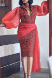 Red Sexy Print Mesh Pencil Skirt Dresses