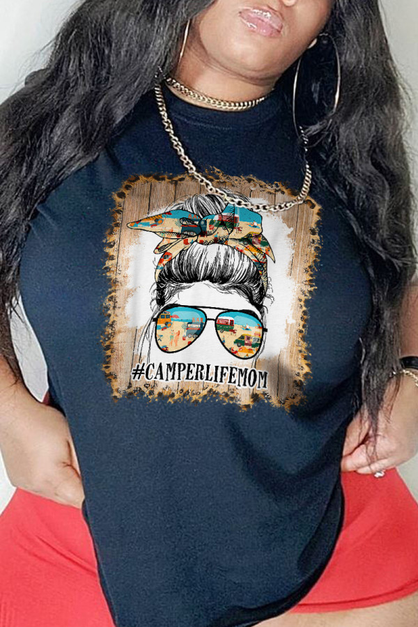 Black Fashion Party Print Patchwork O Neck T-Shirts