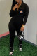 Black Fashion Simplicity Print Patchwork Turndown Collar Jumpsuits
