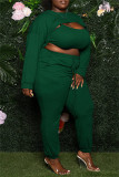 Green Sexy Casual Solid Hollowed Out O Neck Plus Size Three-piece Set