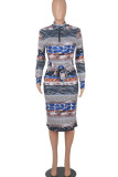 Blue Casual Print Patchwork With Belt Zipper Collar One Step Skirt Dresses