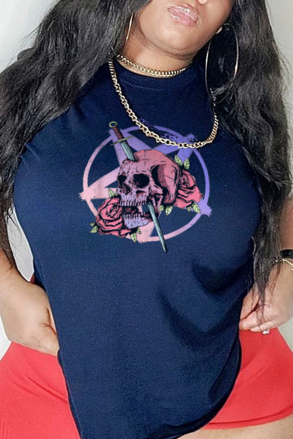 Navy Blue Casual Party Print Patchwork O Neck T-Shirts