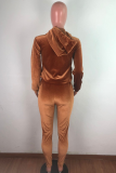 Brown Casual Solid Split Joint O Neck Long Sleeve Two Pieces