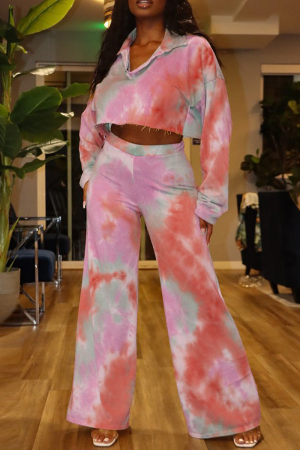 Rose Red Fashion Casual Tie Dye Printing Turndown Collar Long Sleeve Two Pieces