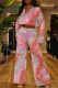 Rose Red Fashion Casual Tie Dye Printing Turndown Collar Long Sleeve Two Pieces
