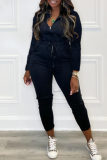 Blue Fashion Casual Solid Basic Zipper Collar Regular Jumpsuits