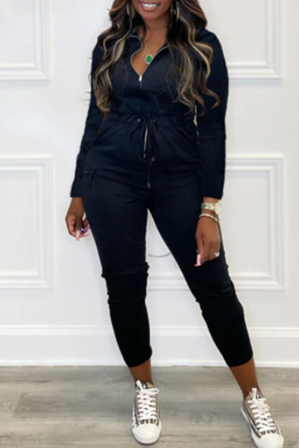 Black Fashion Casual Solid Basic Zipper Collar Regular Jumpsuits