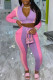 Pink Fashion Street Print Patchwork Zipper Collar Long Sleeve Two Pieces