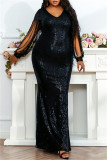 Black Gold Fashion Sexy Plus Size Solid Sequins V Neck Evening Dress