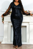 Black Fashion Sexy Plus Size Solid Sequins V Neck Evening Dress