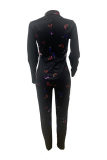Black Fashion Casual Butterfly Print Patchwork Zipper Collar Regular Jumpsuits
