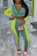 Green Fashion Street Print Patchwork Zipper Collar Long Sleeve Two Pieces