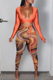 Tangerine Sexy Print Patchwork Frenulum V Neck Long Sleeve Two Pieces
