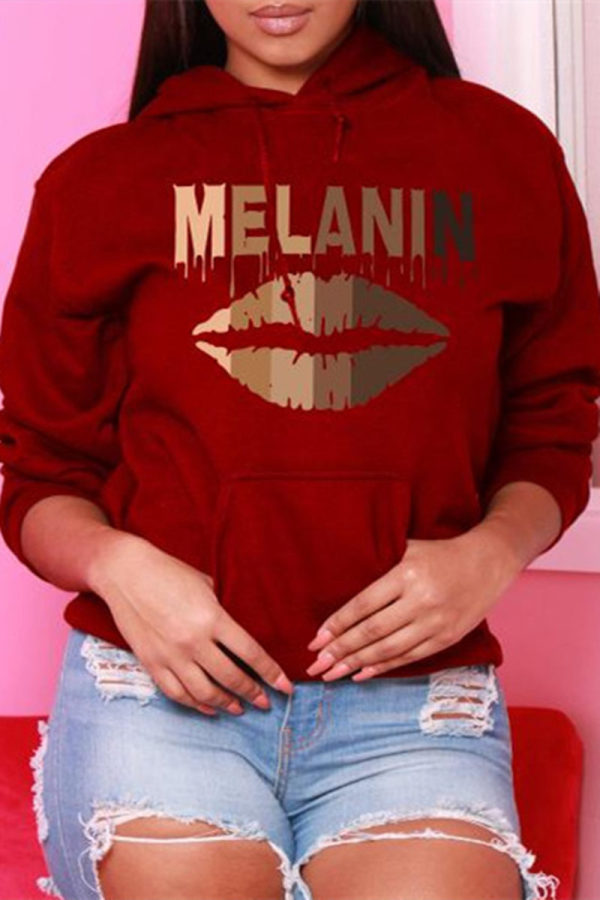 Red Fashion Casual Print Basic Hooded Collar Tops
