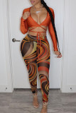 Tangerine Sexy Print Patchwork Frenulum V Neck Long Sleeve Two Pieces