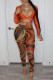 Tangerine Sexy Print Patchwork Frenulum V Neck Long Sleeve Two Pieces