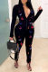 Black Fashion Casual Butterfly Print Patchwork Zipper Collar Regular Jumpsuits