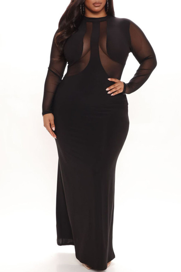 Black Sexy Solid Patchwork See-through O Neck Evening Dress Dresses
