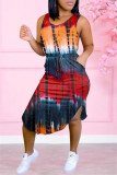 Red Fashion Casual Tie Dye Printing O Neck Vest Dress