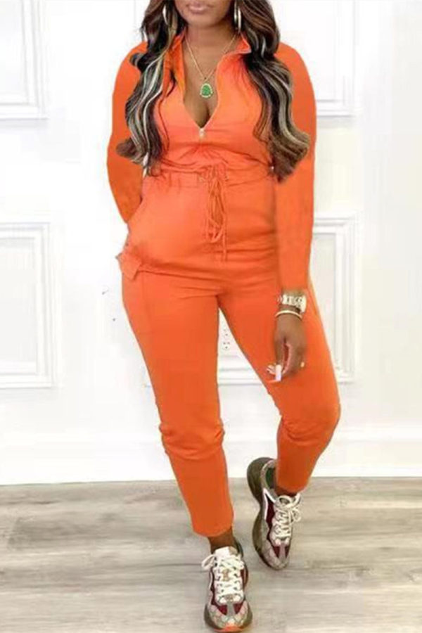 Orange Fashion Casual Solid Basic Zipper Collar Regular Jumpsuits