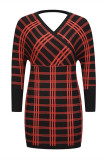 Red Fashion Casual Plaid Print Patchwork V Neck Long Sleeve Dresses