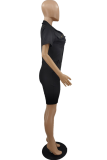 Black Sexy Solid Patchwork Turndown Collar Skinny Rompers