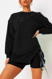 Ink Green Fashion Casual Solid Bandage O Neck Long Sleeve Dresses