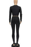Black Casual Solid Split Joint O Neck Long Sleeve Two Pieces