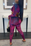 Burgundy Sexy Print Hollowed Out Patchwork V Neck Skinny Jumpsuits