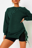 Ink Green Fashion Casual Solid Bandage O Neck Long Sleeve Dresses