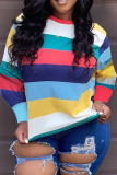 Colour Casual Striped Print Patchwork O Neck Tops
