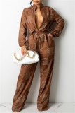 Coffee Fashion Casual Print With Belt Turndown Collar Regular Jumpsuits