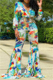 Blue Fashion Casual Print Basic V Neck Regular Jumpsuits