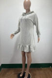 Grey Fashion Casual Solid Flounce Hooded Collar Long Sleeve Dresses